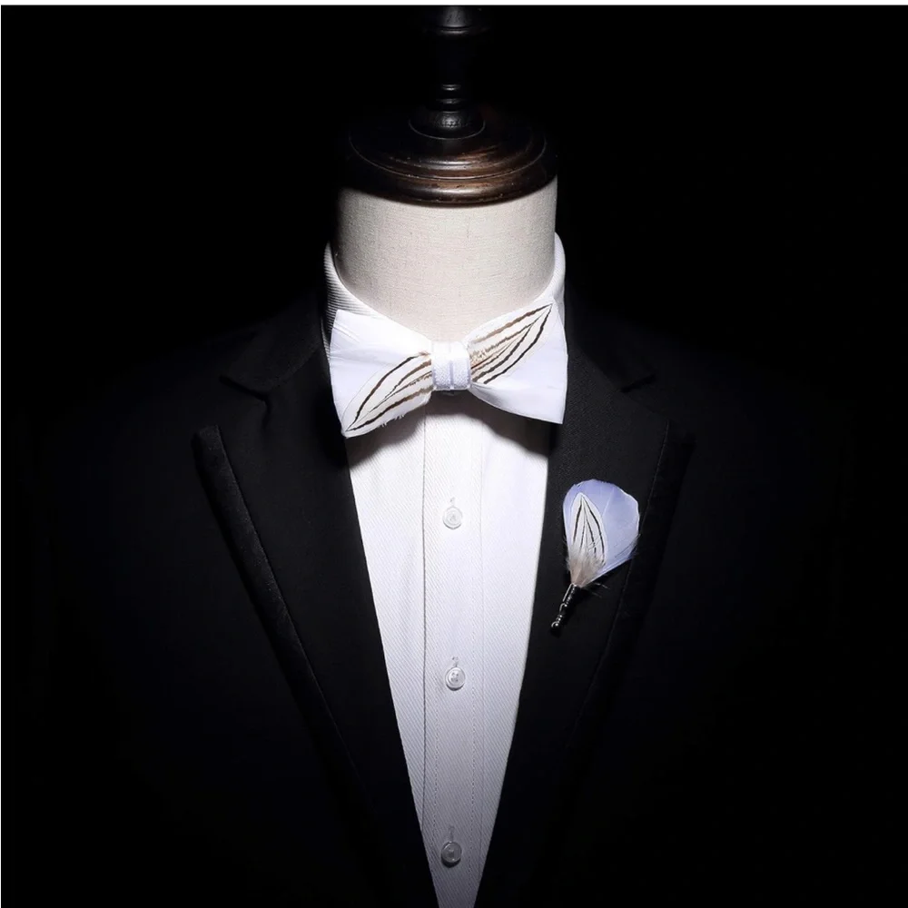 Men’s Handmade Pre Tied Feather Bow Tie And Matching Lapel Pin Box Set Cream - Picture 2 of 2